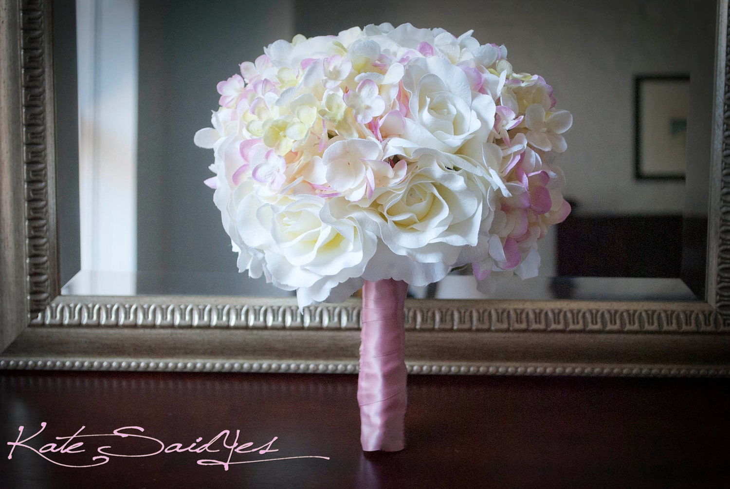 White Rose and Pink Hydrangea Silk Bridal Wedding Bouquet