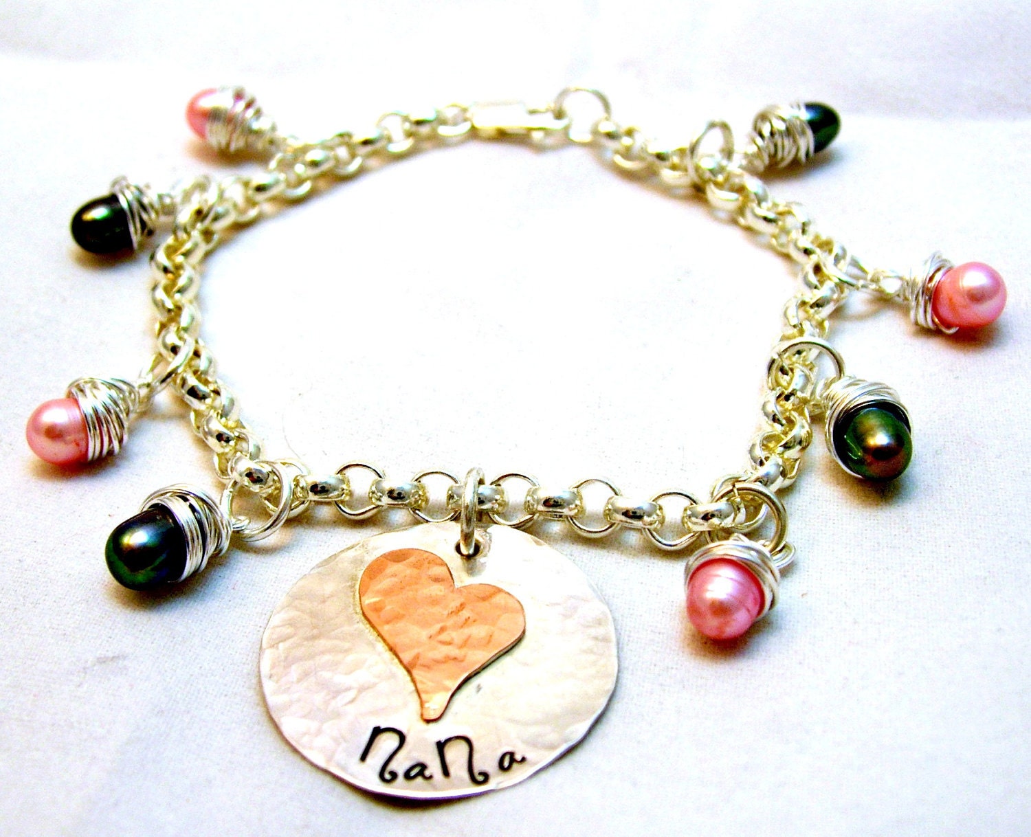 NaNa on Sterling silver Circle Artsy Heart Soldered Organic Bracelet Rollo 7.5" Sterling Silver Pink and Peacock Pearls Monogram bracelet