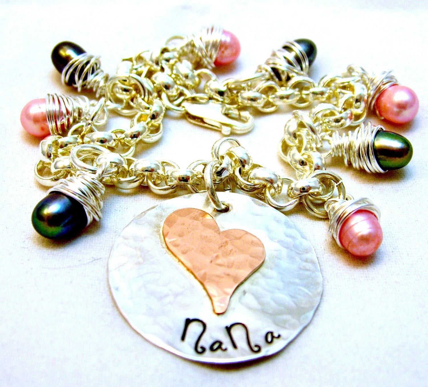 NaNa on Sterling silver Circle Artsy Heart Soldered Organic Bracelet Rollo 7.5" Sterling Silver Pink and Peacock Pearls Monogram bracelet