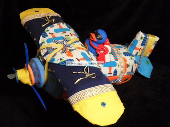 Airplane Diaper Cake - Diaper Airplane -Deluxe Model with Handmade Baby Gift Set