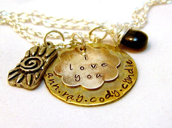 Rustic - I Love you Flower disc Family Hand stamped Personalized Necklace Mother s Jewlery HandStamped