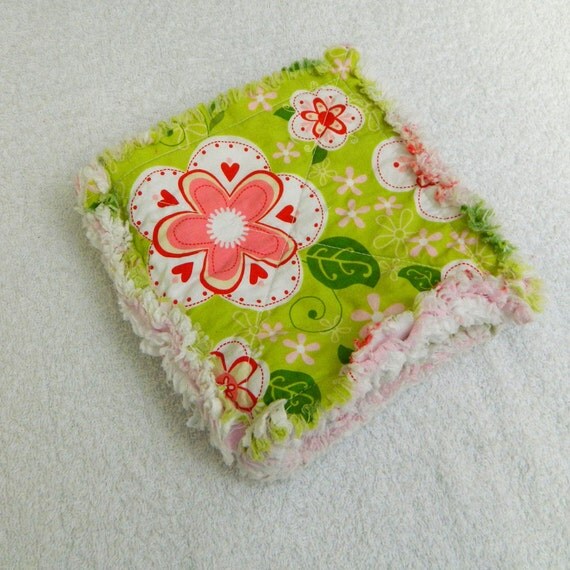 Girl Baby Blanket -  Pink, Red & Green Flowers and Dots Small Rag Quilt Lovey