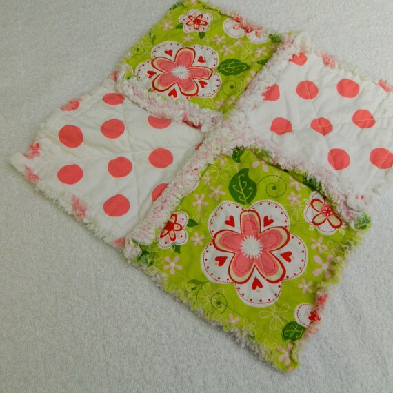 Girl Baby Blanket -  Pink, Red & Green Flowers and Dots Small Rag Quilt Lovey