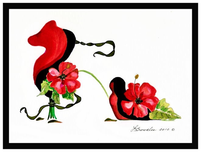 Shoe Print - Paso Doble Ballroom Dancing Flower Shoe - Signed and Enhanced with Watercolor