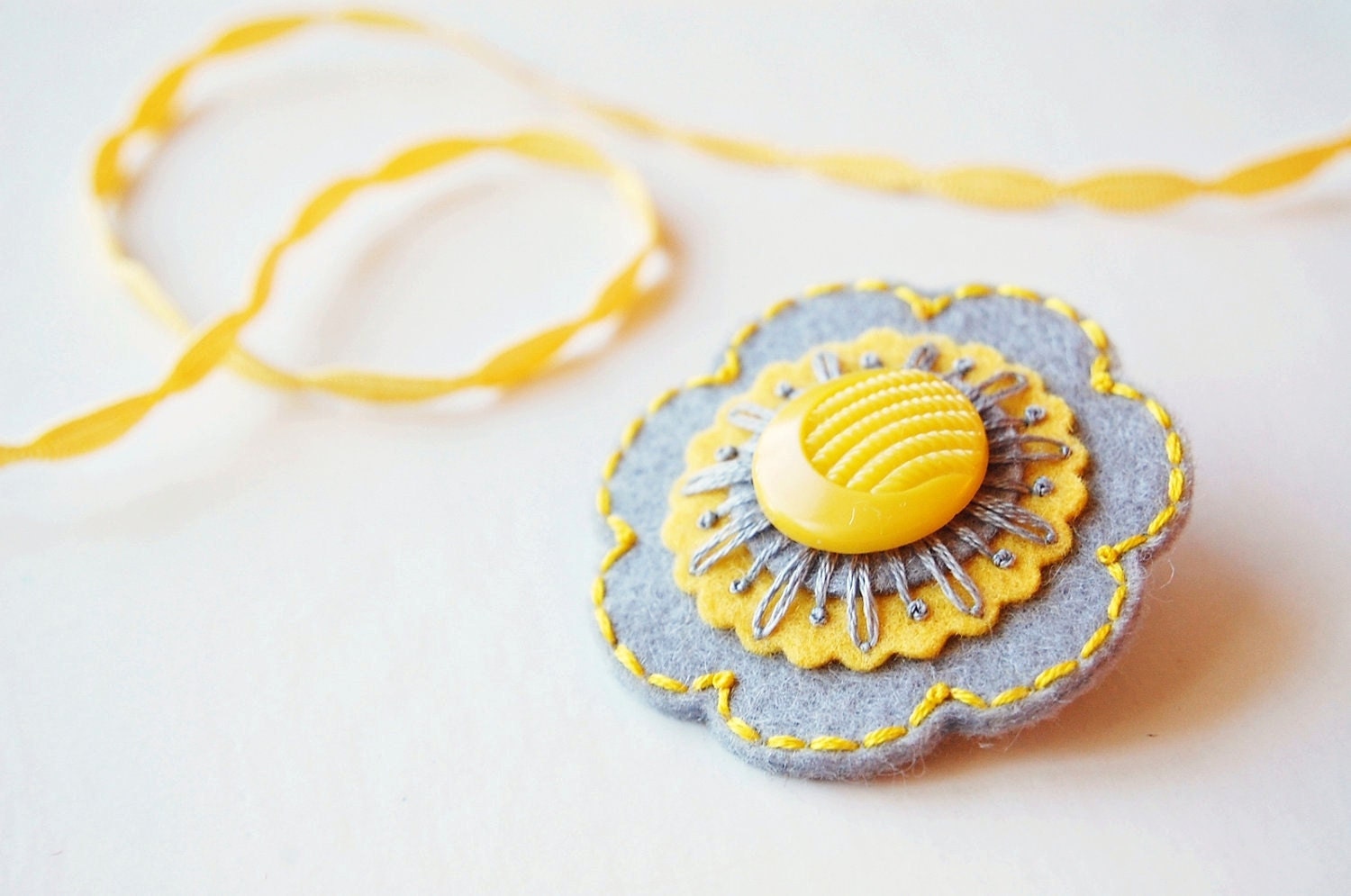 Gray and Yellow Embroidered Brooch
