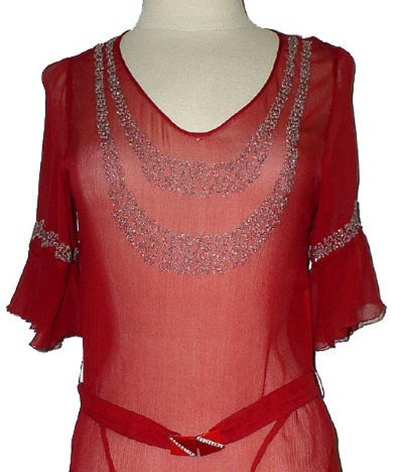 Vintage Jean Patou beaded dress in red silk with beading 1920s flapper 20s French