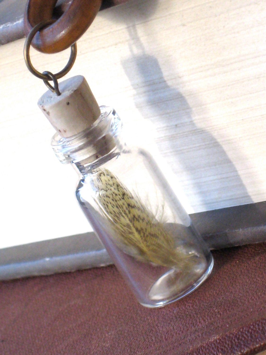 Captured Feather in a Tiny Bottle Necklace on Antique Gold Chain with Picture Jasper, Natural Wood and Tiny Bird