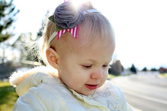 Felt Flower Headband with Pink Striped and Mesh Background