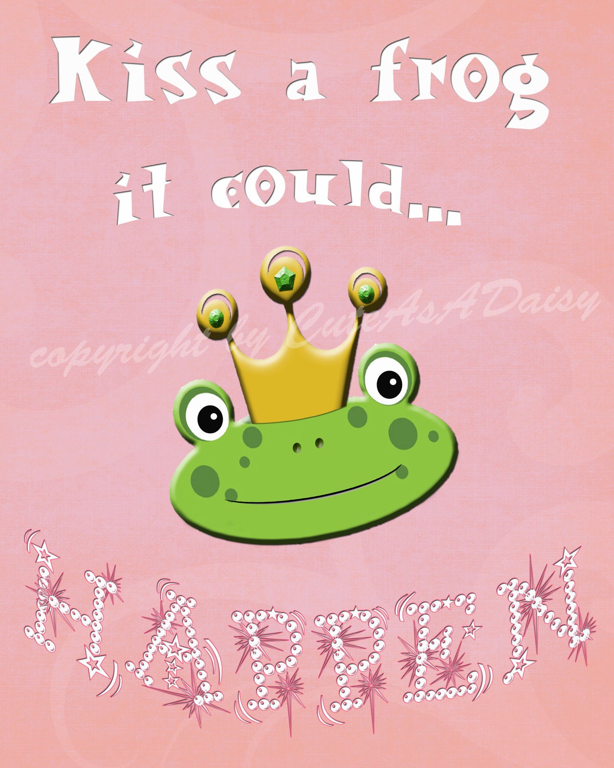 Kiss a frog... Fun Wall Art Print 5"x7" Pink and Green Frog Prince