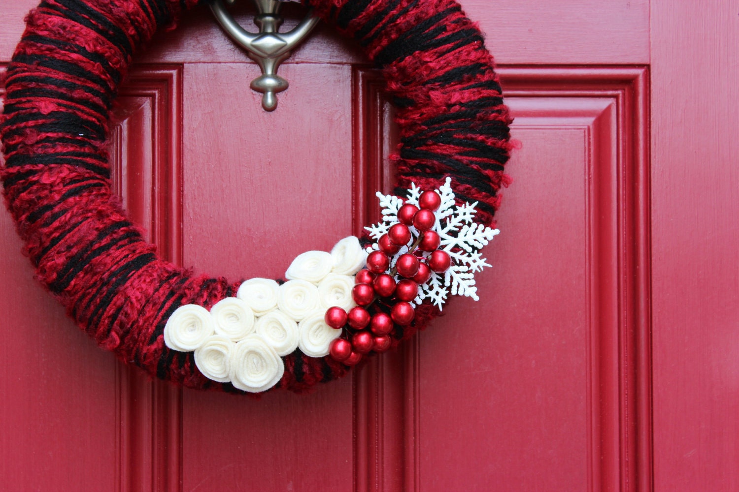 Winter 2011 Collection: Yarn Wrapped Wreath Red and Black with White Accent