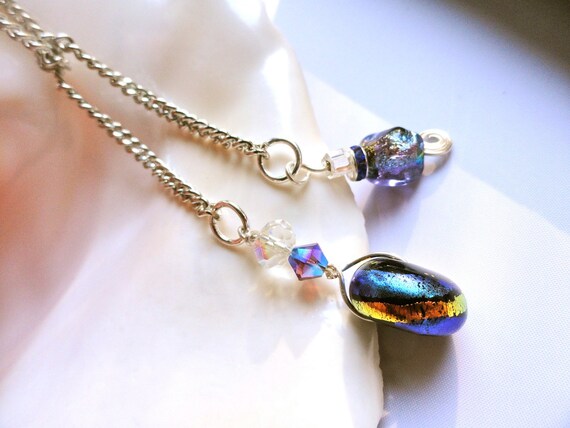 Midnight Blue and Purple Dichroic bead lariat necklace