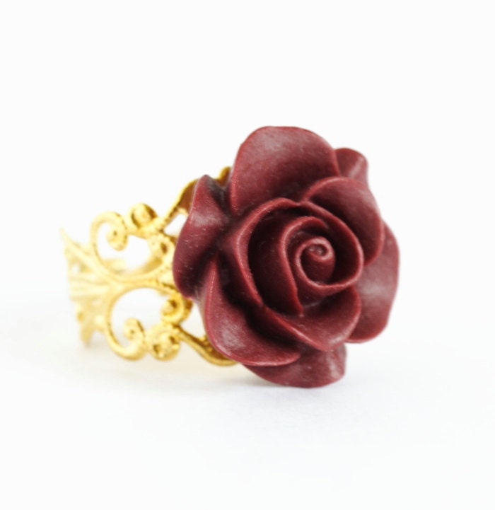 Burgundy Flower Ring - Gold Plated Adjustable Filigree Ring With Burgundy Flower