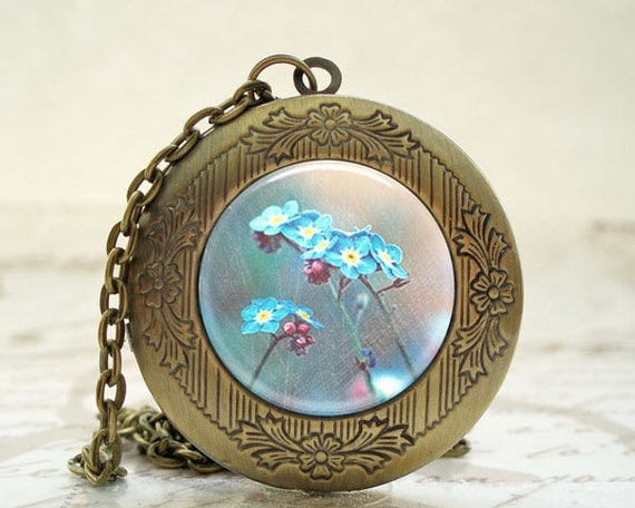Locket - Antique Bronze Photo Art Locket - Forget Me Nots Locket with Necklace and Matching Gift Tin
