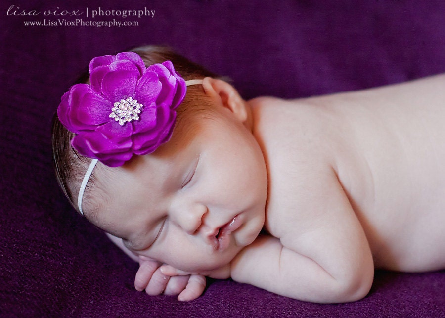 Baby Girl Purple Flower Headband ..Baby Headband..Baby Purple Flower Headband..Baby Girl flower Headband with Rhinestones..Skinny Headband