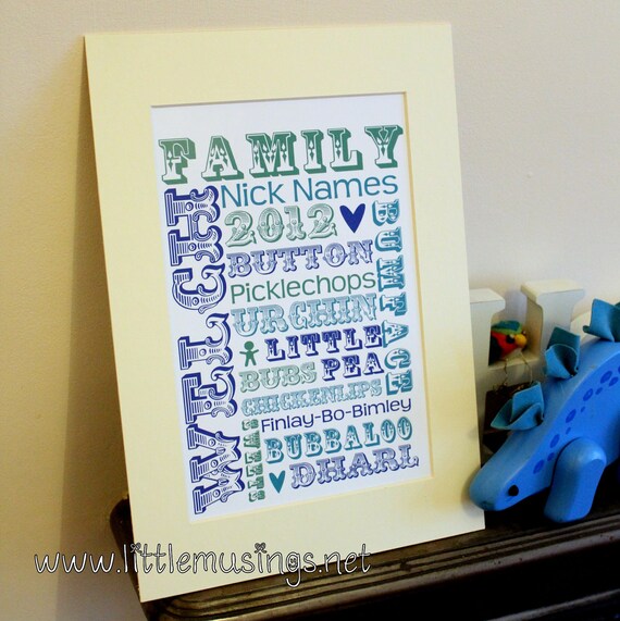 Personalised Family Nicknames / pet names print. Cute and unique gift.