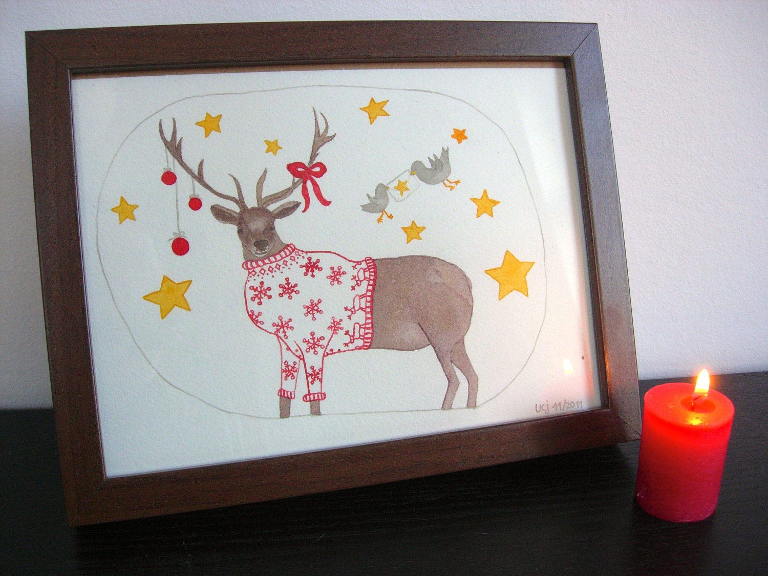 Original Ink Illustration 'Mr. Elk loves Christmas'