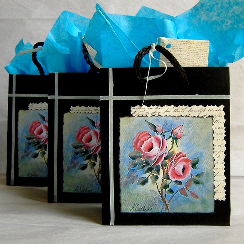 Three Black Gift Bags with Print of Original Painting & Matching Tags, Handmade Embellished