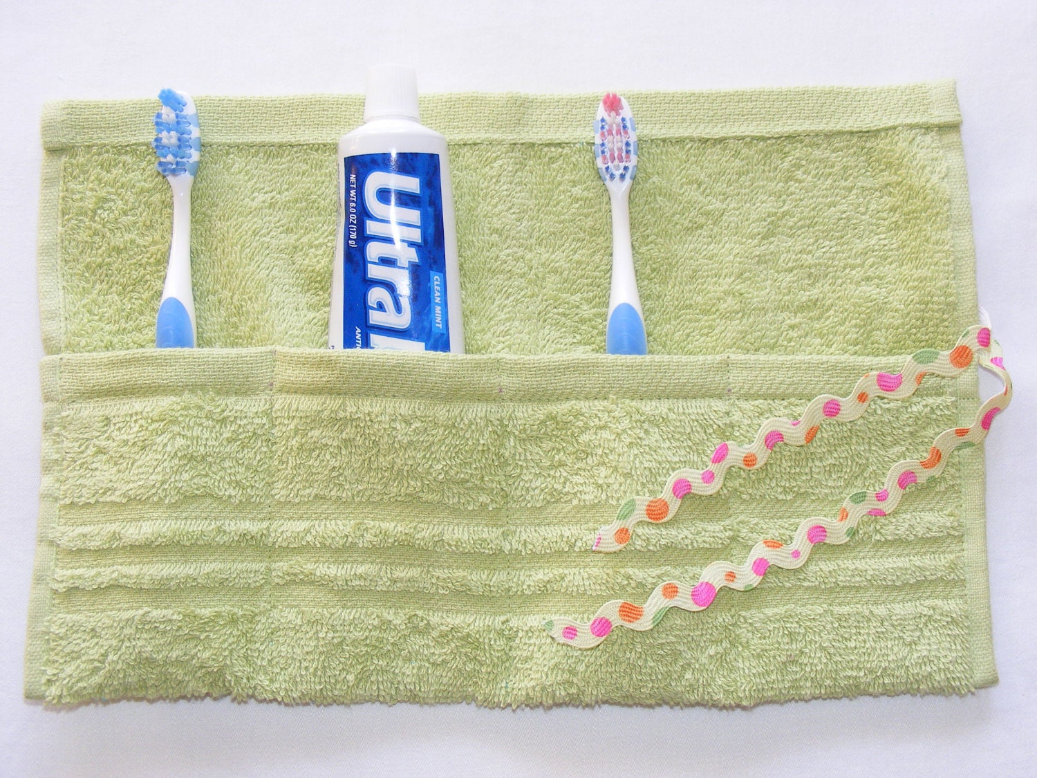 Terrycloth Toothbrush and Paste Travel Pouch in Spring Green...popular little gift...free shipping