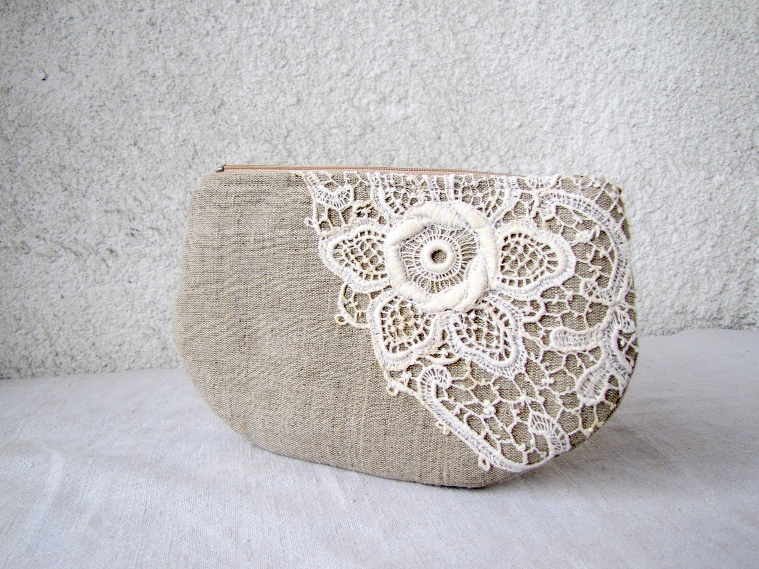 OOAK   zipper pouch, cosmetic bag, small clutch - natural linen and antique lace applique