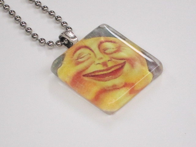 Glass Tile Pendant Necklace - Vintage Style Moon - Digital Art - Celestial