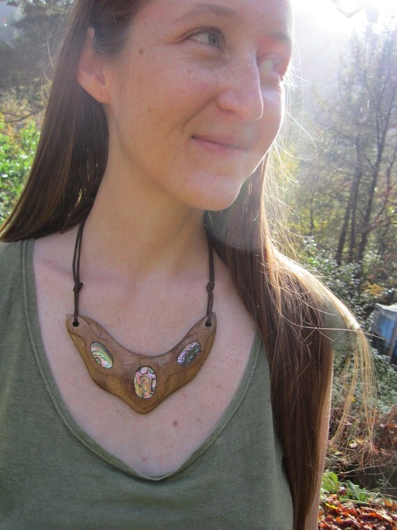 SALE- Wooden Abalone Necklace- Connection- Hand carved Myrtle wood with Abalone Shell