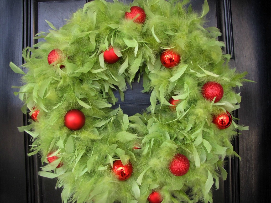 Christmas Wreath - Lime Green Feather Wreath with Red Ornaments - BLACK FRIDAY Deal  Enter coupon code BLACKFRIDAY20 for 20% off Any Wreath