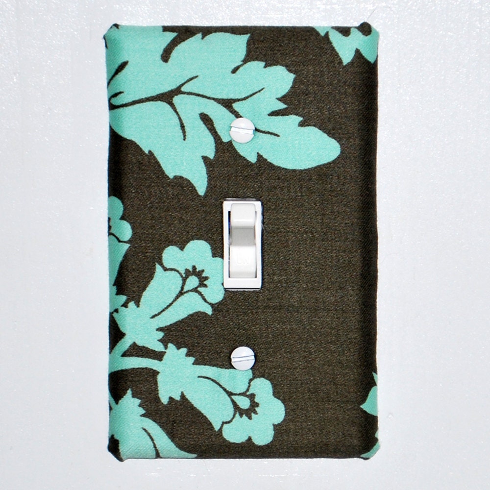 Light Switch Plate Cover - dark green with light blue floral and leaf details, wall decor, home decor, nature, flower, leaves