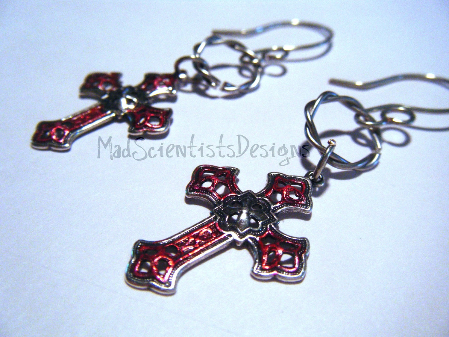 FREE SHIPPING Gothic Cross Earrings 002 Goth Vampire Victorian Silver Red by MadScientistsDesigns