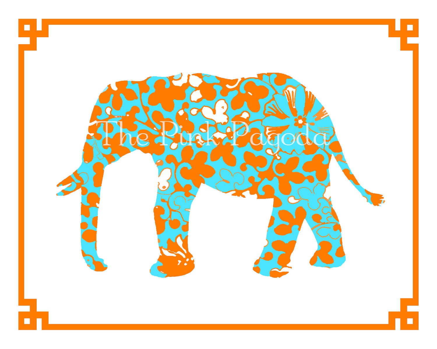 Orange and Turquoise Elephant with Chinese Border Giclee 8x10