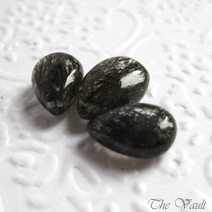 Tourmalinated Quartz smooth pear briolettes 12-13.5mm (1 pair, 1 focal)