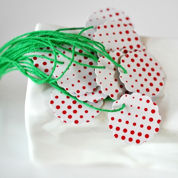 12 Red Dots White Green Mini Gift Tags