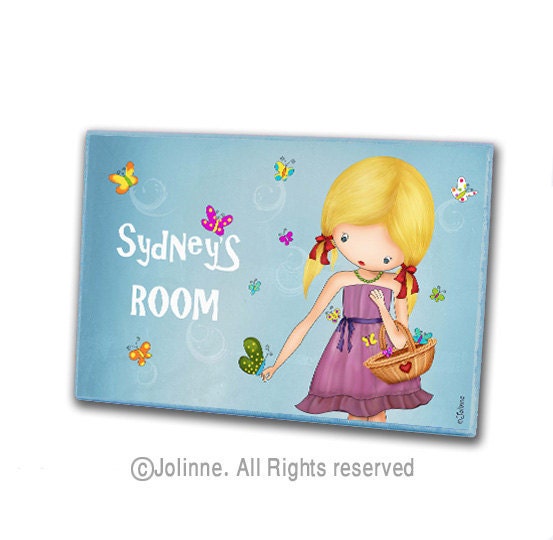 Personalized door plaque hanger for children , custom sign girl with butterflies , girls room or nursery original illustration