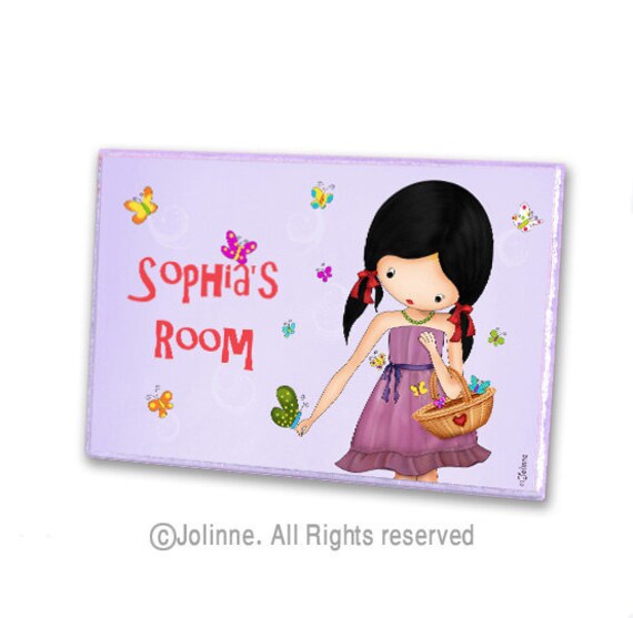 Personalized girls door sign room decor , butterflies illustration kids door hanger wall decor, nursery art child decor