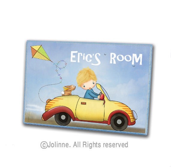 Baby boys room door sign, personalized children door plaque room wall art, boy in a yellow car, rabbit, bunny, kite