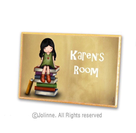 Girl on books purple personalized children door plaque sign, ready to hang, kids art decor, baby room custom sign