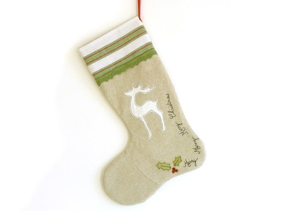 Embroidered Reindeer Stocking - Red, Green, white & linen