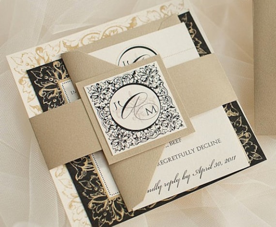  Paris Wedding Invitation Suite with Belly Band Black Gold and Ivory