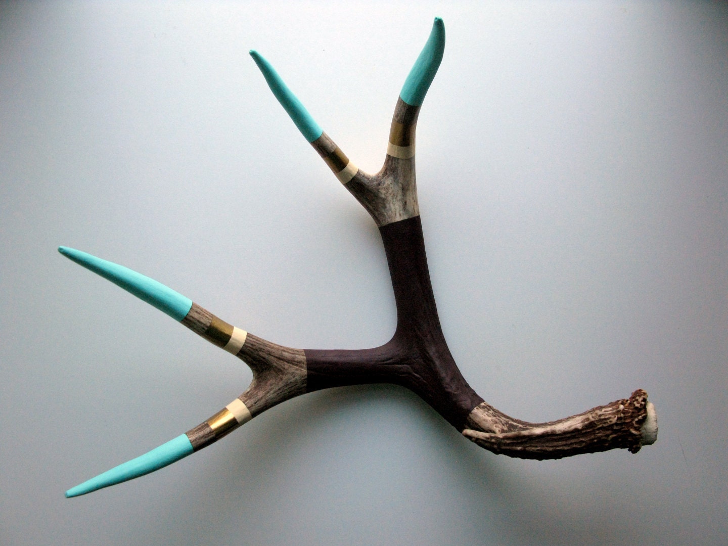 Aqua, Gold, Cream and Purple Striped Painted Mule Deer Antler - Extra Large