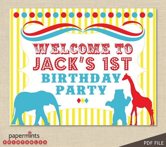 PRINTABLE Personalized Circus Party Sign red teal yellow 