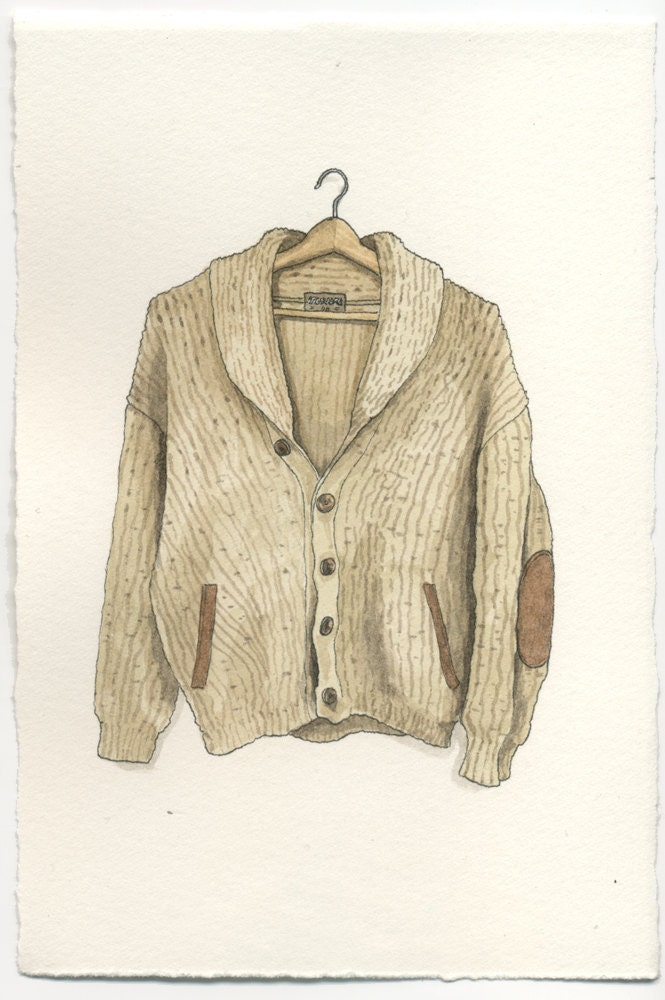 ORIGINAL Watercolor Illustration - Tundra Heavy Wool Sweater Cardigan w Elbow Pads
