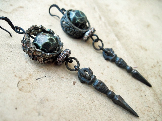 Dark Flow. Dark Rustic Tribal Dangles with Spears and Rings.