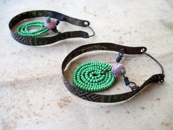 Enlightenment is the Absence. Recycled Tin Assemblage Hoops in Pink and Green.