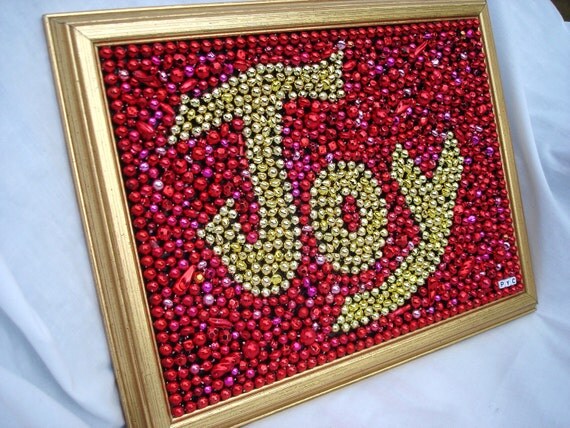Framed Mardi Gras Bead Christmas "Joy" Art red and gold
