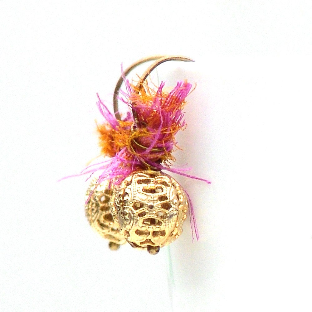 Wire Earrings Gold Ball Pink Orange Sari by galleryzooartdesigns on Etsy from etsy.com