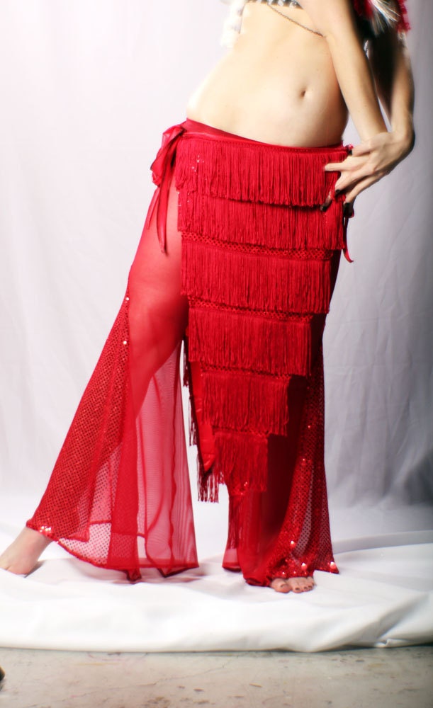 Wide Leg Pants Hip Scarf Skirt Belly Dance sexy Red Sheer Netting bling Gothic Crude Things Mermaid Pants Flapper fringe