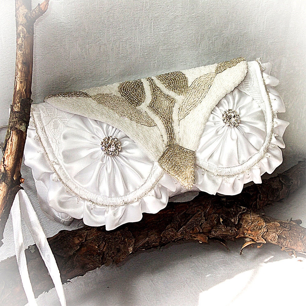 Luxury Woodland Snowy Owl Bridal Clutch with Wristlet - Satin, Lace, and Heavy Bead Embroidery