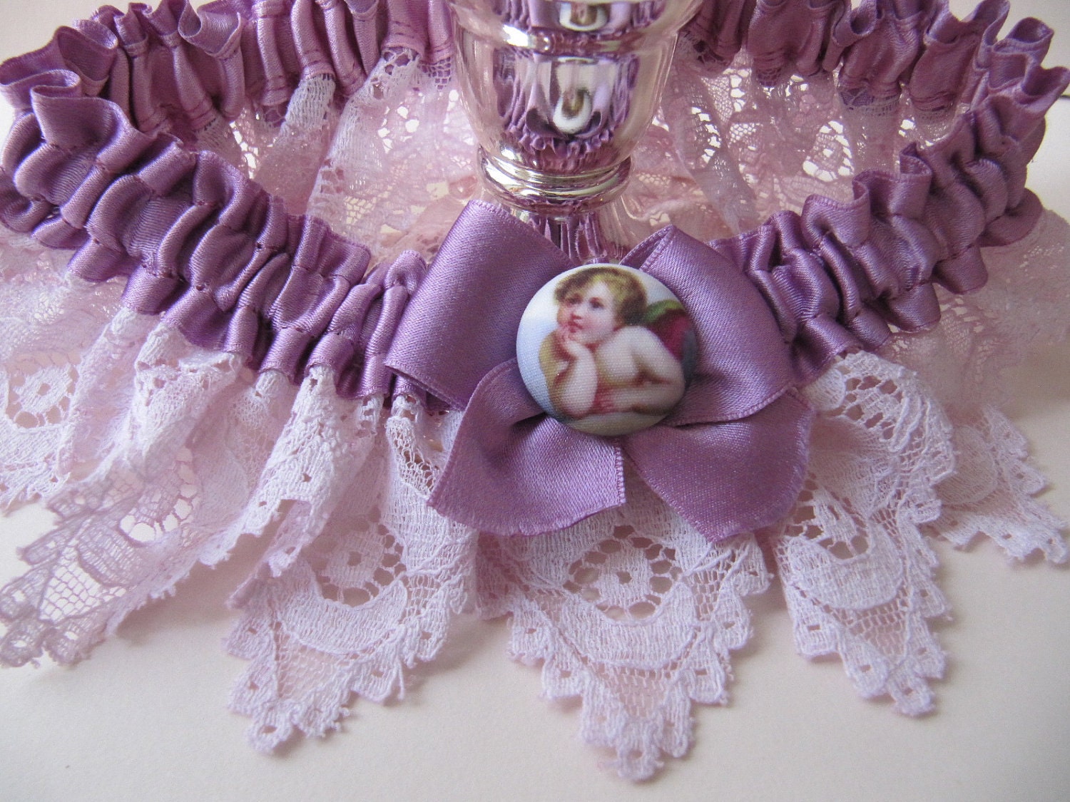 Purple Wedding Garter silk and vintage Lace Angel cherub adornment