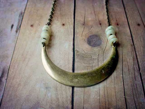 Tribal Inspired Crescent Moon Necklace Gold Brass Geometric Minimalist Unisex Gift Under 25