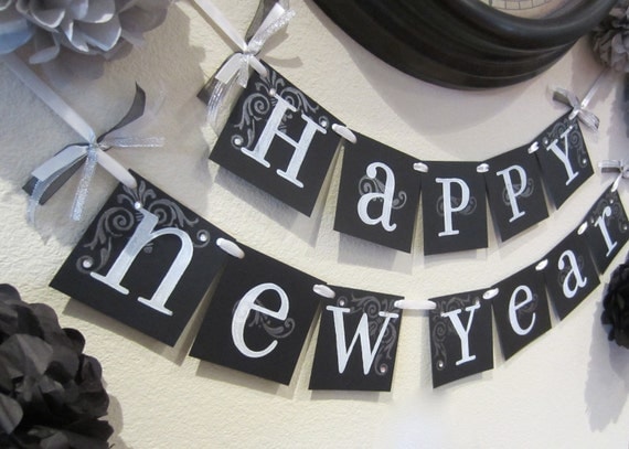 NEW YEARS sign, 2012 garland decoration wall hanging black and white FREE Shipping