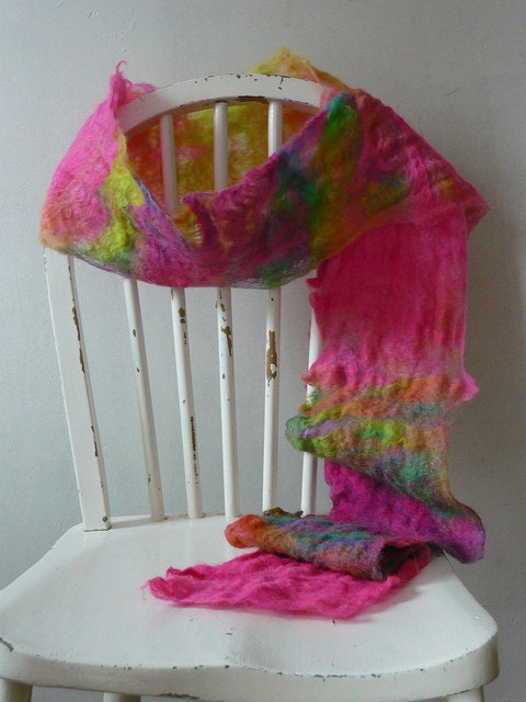 Vibrant, hand felted, corriedale and alpaca scarf.